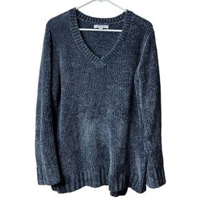 Orvis Blue Chenille V-neck Pullover Chunky Knit Sweater